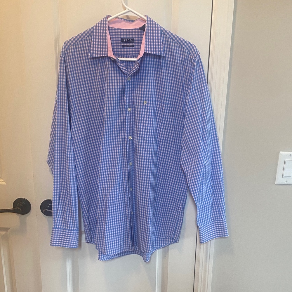 Izod Blue and Pink Gingham Long-Sleeve Button Shirt